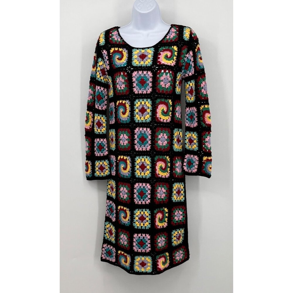 Cotton Emporium Crochet Dress Size S Long Sleeve Multicolor Acrylic Boho